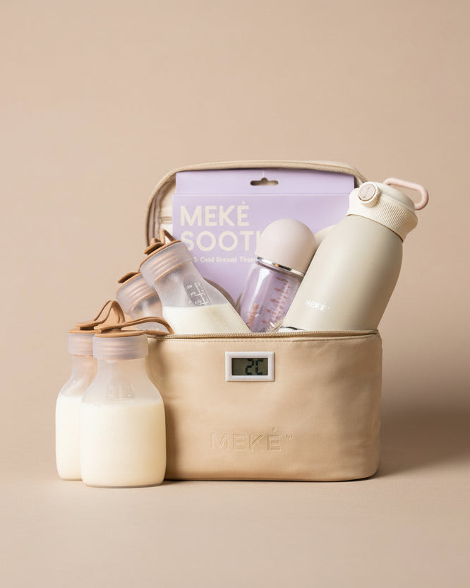 A beige fabric chiller bag filled with baby bottles, a bottle warmer, and a milk warmer, set against a solid beige background. The brand name 'MEKE' is visible on the packaging.