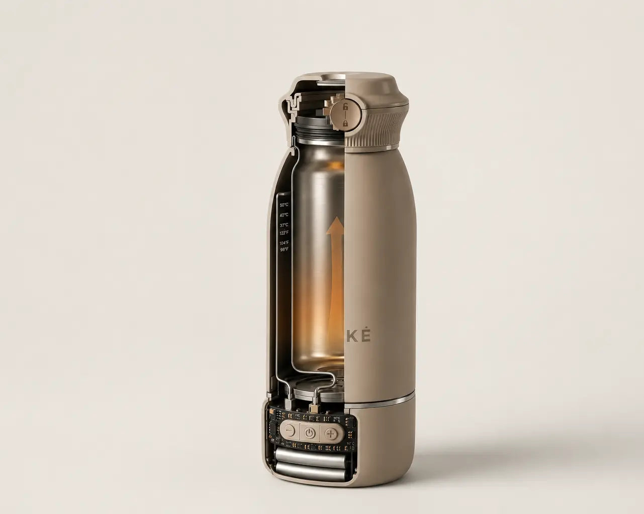 A Stainless Steel Meke Milk Warmer with a cutaway design showing the inner chamber, set against a plain light beige background.